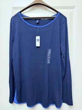 GAP Women's Long Sleeve Tee in Navy with Royal Blue Trim